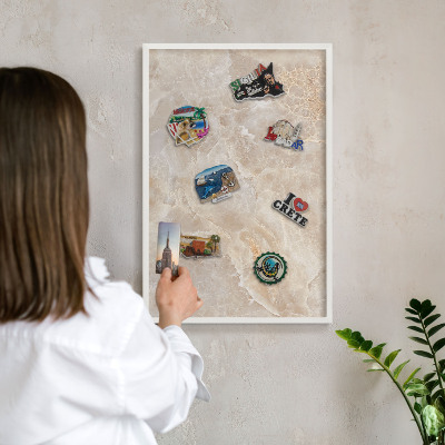 Magnetic board for travel magnets in a white frame Cream marble