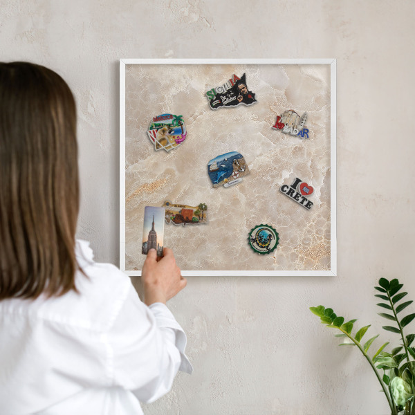 Magnetic board for travel magnets in a white frame Cream marble