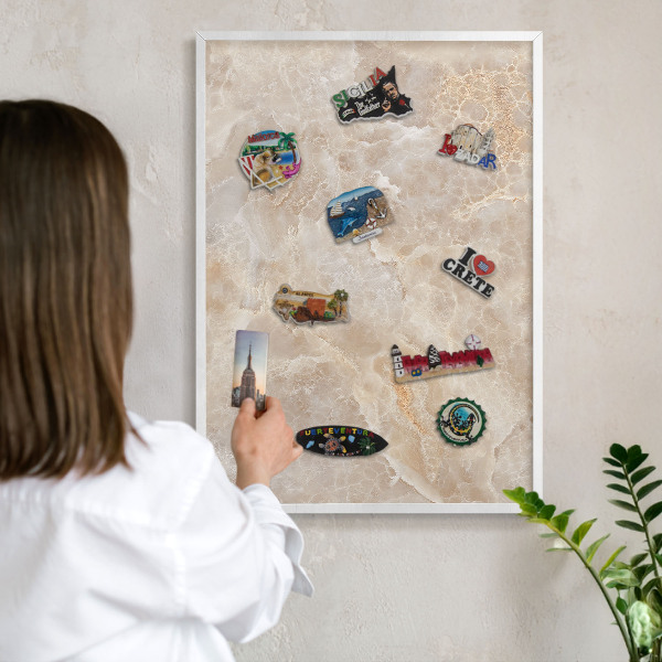 Magnetic board for travel magnets in a white frame Cream marble