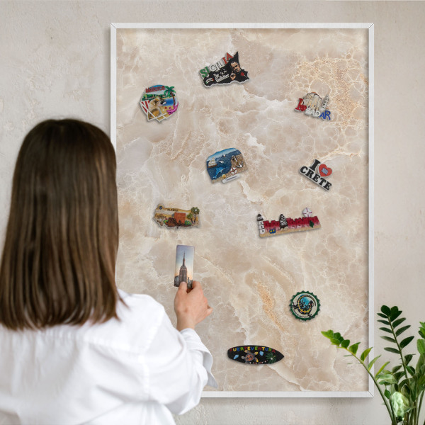 Magnetic board for travel magnets in a white frame Cream marble