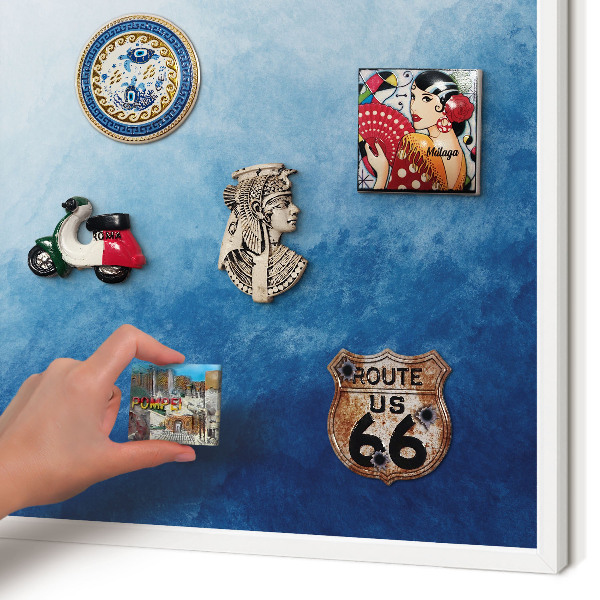 Magnetic board for travel magnets in a white frame Blue abstractions