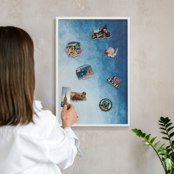 Magnetic board for travel magnets in a white frame Blue abstractions