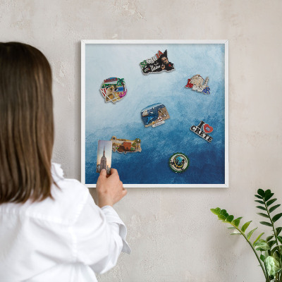 Magnetic board for travel magnets in a white frame Blue abstractions