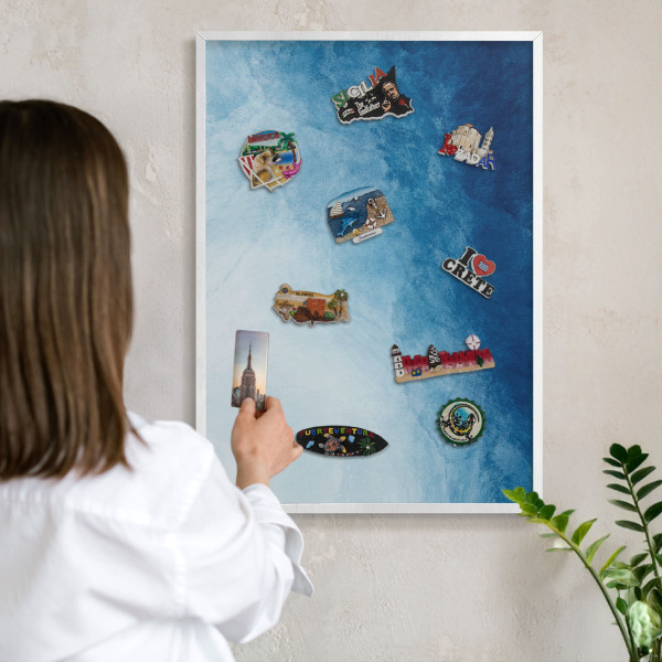 Magnetic board for travel magnets in a white frame Blue abstractions
