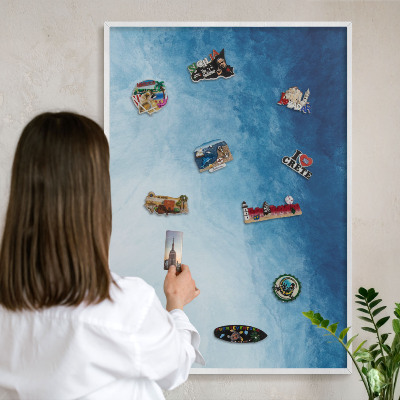 Magnetic board for travel magnets in a white frame Blue abstractions