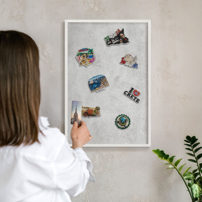 Magnetic board for travel magnets in a white frame Gray elegance
