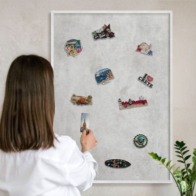 Magnetic board for travel magnets in a white frame Gray elegance