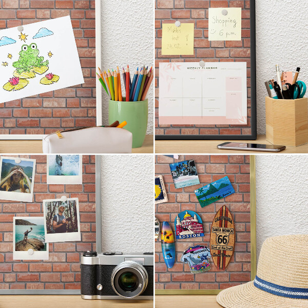 Magnetic board for travel magnets in a white frame Brick wall