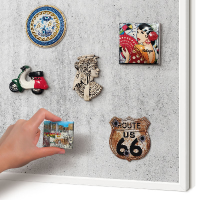 Magnetic board for travel magnets in a white frame Gray texture