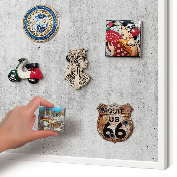Magnetic board for travel magnets in a white frame Gray texture