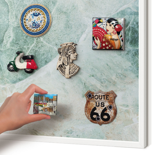 Magnetic board for travel magnets in a white frame Green textures