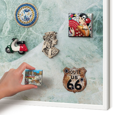 Magnetic board for travel magnets in a white frame Green textures