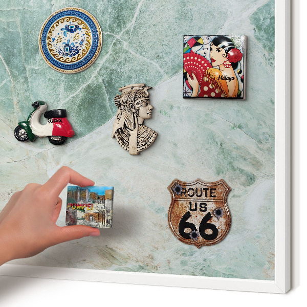 Magnetic board for travel magnets in a white frame Green textures