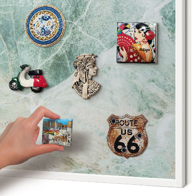 Magnetic board for travel magnets in a white frame Green textures