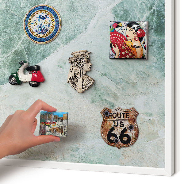 Magnetic board for travel magnets in a white frame Green textures