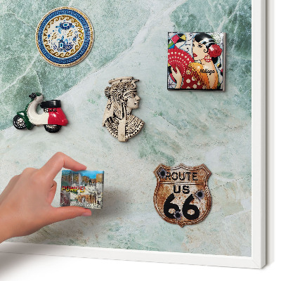 Magnetic board for travel magnets in a white frame Green textures