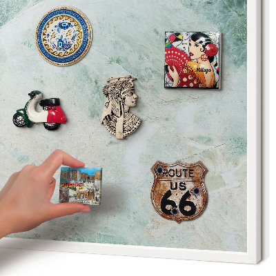 Magnetic board for travel magnets in a white frame Green textures
