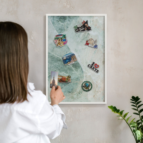 Magnetic board for travel magnets in a white frame Green textures