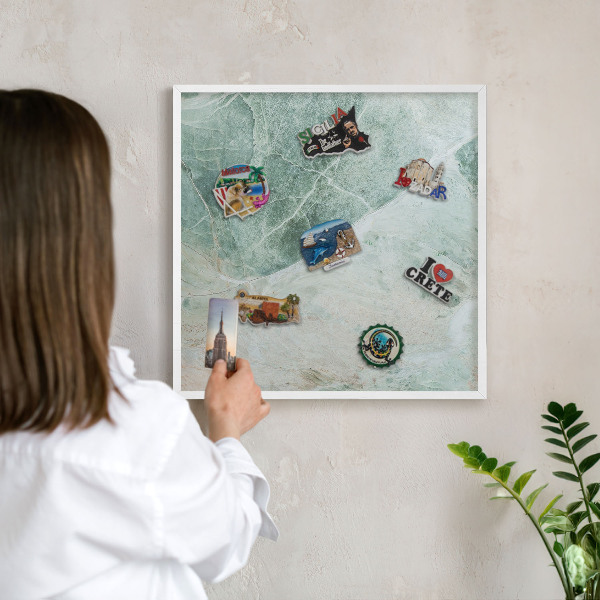 Magnetic board for travel magnets in a white frame Green textures