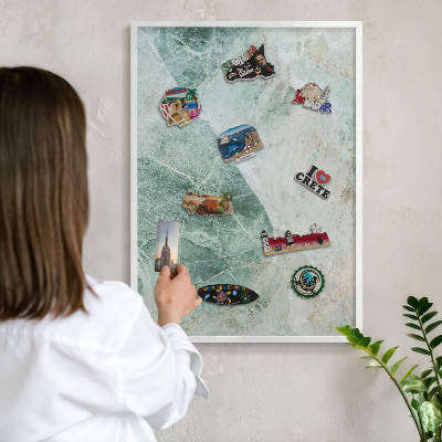 Magnetic board for travel magnets in a white frame Green textures