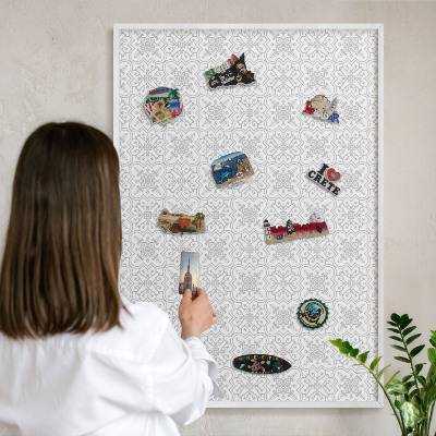 Magnetic board for travel magnets in a white frame Geometric symmetry
