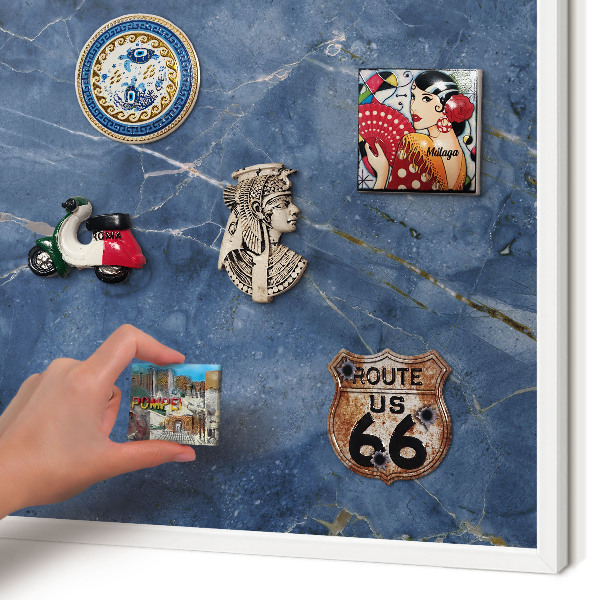 Magnetic board for travel magnets in a white frame Marble elegance