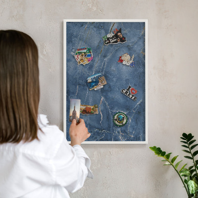 Magnetic board for travel magnets in a white frame Marble elegance