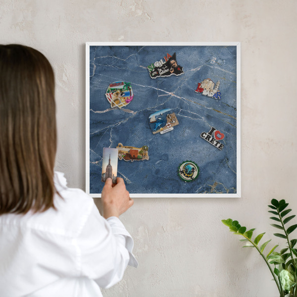 Magnetic board for travel magnets in a white frame Marble elegance