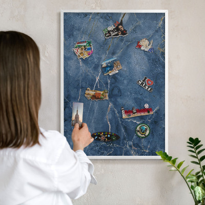 Magnetic board for travel magnets in a white frame Marble elegance