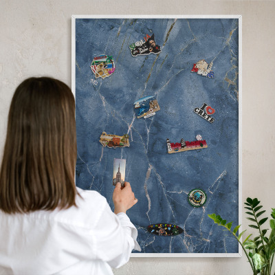 Magnetic board for travel magnets in a white frame Marble elegance