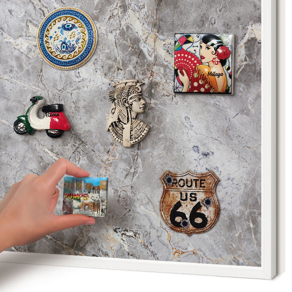 Magnetic board for travel magnets in a white frame Patterned marble