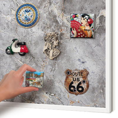 Magnetic board for travel magnets in a white frame Patterned marble