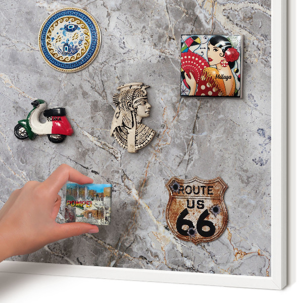 Magnetic board for travel magnets in a white frame Patterned marble