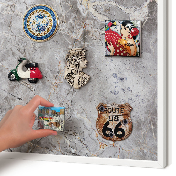 Magnetic board for travel magnets in a white frame Patterned marble