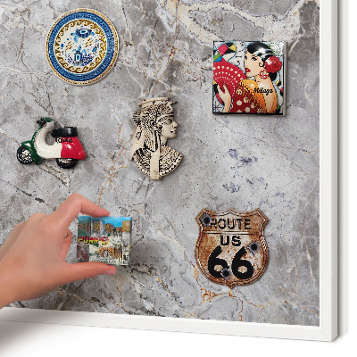 Magnetic board for travel magnets in a white frame Patterned marble
