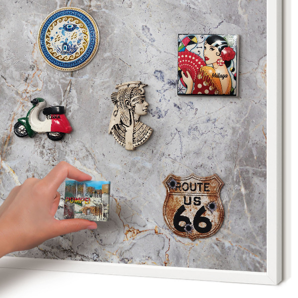 Magnetic board for travel magnets in a white frame Patterned marble