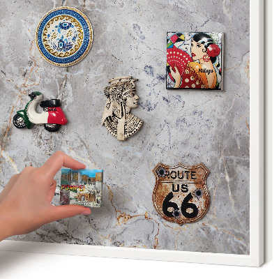 Magnetic board for travel magnets in a white frame Patterned marble