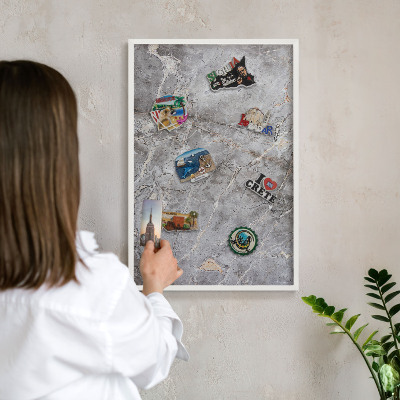 Magnetic board for travel magnets in a white frame Patterned marble