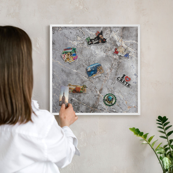 Magnetic board for travel magnets in a white frame Patterned marble