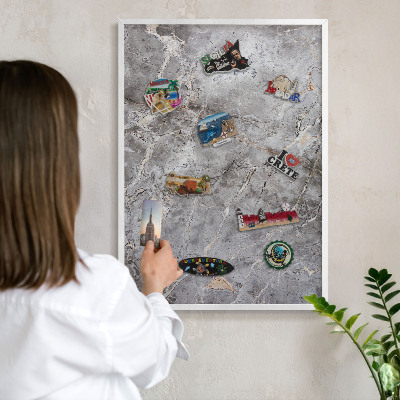 Magnetic board for travel magnets in a white frame Patterned marble