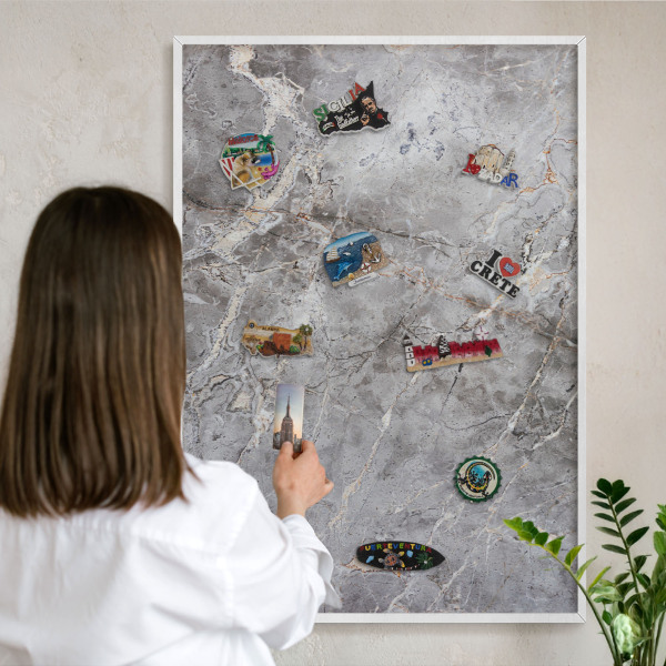 Magnetic board for travel magnets in a white frame Patterned marble