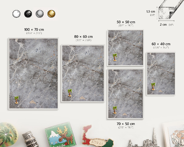 Magnetic board for travel magnets in a white frame Patterned marble