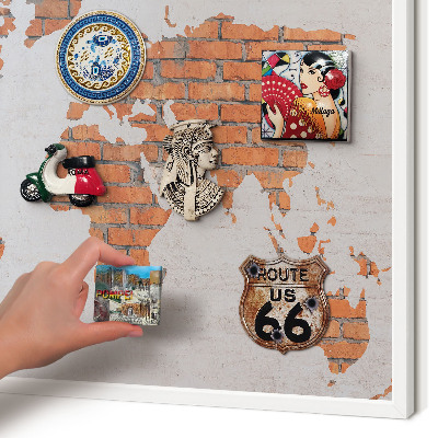 Magnetic board for travel magnets in a white frame Brick map