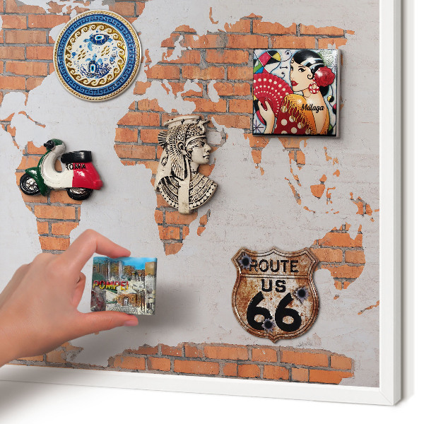 Magnetic board for travel magnets in a white frame Brick map