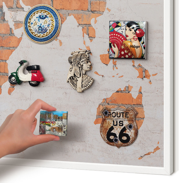 Magnetic board for travel magnets in a white frame Brick map