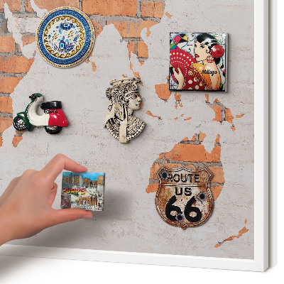Magnetic board for travel magnets in a white frame Brick map