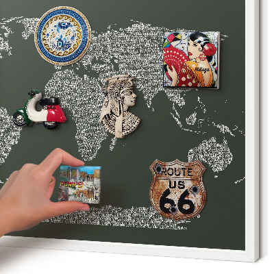 Magnetic board for travel magnets in a white frame Text map