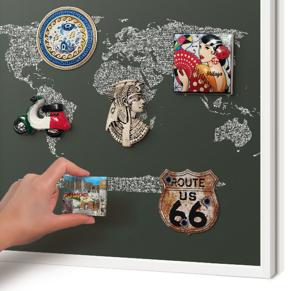 Magnetic board for travel magnets in a white frame Text map