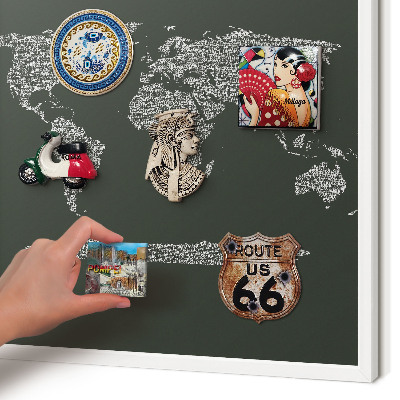 Magnetic board for travel magnets in a white frame Text map