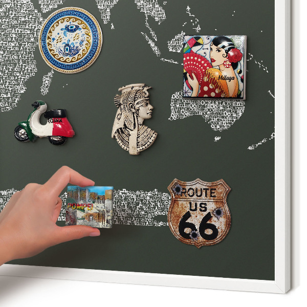 Magnetic board for travel magnets in a white frame Text map